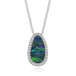 14K White Gold Australian Opal Doublet/Diamond Pendant