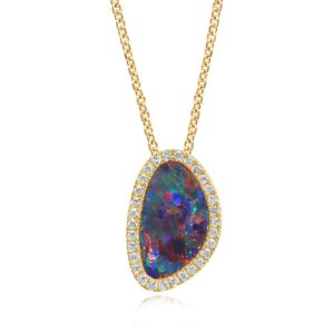 14K Yellow Gold Australian Opal Doublet/Diamond Pendant