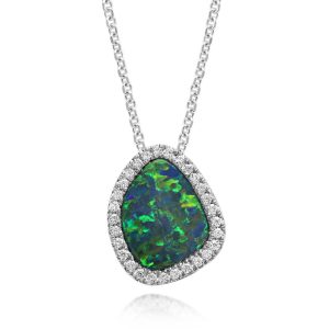 14K White Gold Australian Opal Doublet/Diamond Pendant