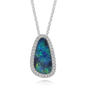 14K White Gold Australian Opal Doublet/Diamond Pendant