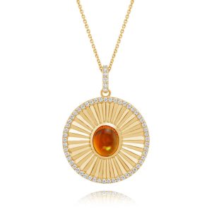 14K Yellow Gold Mexican Fire Opal/Diamond Medallion Pendant