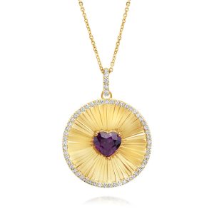 14K Yellow Gold Purple Garnet/Diamond Heart Medallion Pendant