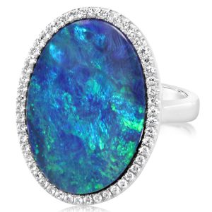 14K White Gold Australian Opal Doublet/Diamond Ring