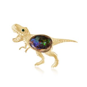 14K Yellow Gold Mexican Fire Opal Boulder/Tsavorite Tyrannosaurus Rex (T-Rex) Brooch