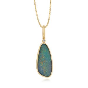 14K Yellow Gold Australian Opal Doublet/Diamond Pendant with Paperclip Bail