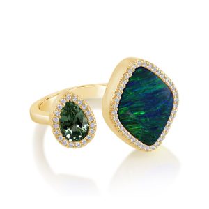 18K Yellow Gold Australian Opal Doublet/Mint Garnet/Diamond Ring Cuff