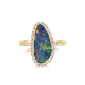 14K Yellow Gold Australian Opal Doublet/Diamond Ring