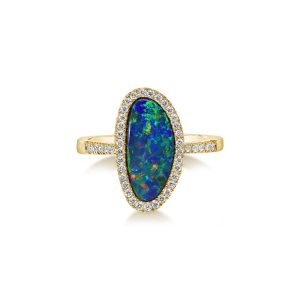 14K Yellow Gold Australian Opal Doublet/Diamond Ring