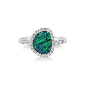 14K White Gold Australian Opal Doublet/Diamond Ring