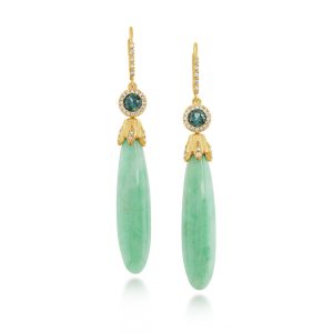 14K Yellow Gold Guatemalan Jade/Montana Sapphire/Diamond Earrings