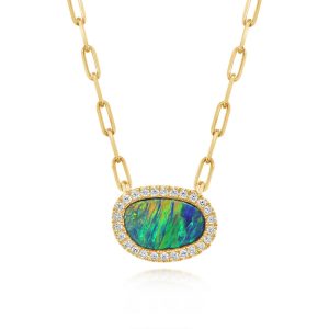14K Yellow Gold Australian Opal Doublet/Diamond Neckpiece