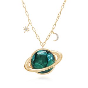 14K Yellow Gold Malachite/ Chrysocolla/Diamond Saturn Neckpiece