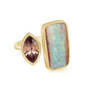 14K Yellow Gold Australian Boulder Opal/Lotus Garnet Ring