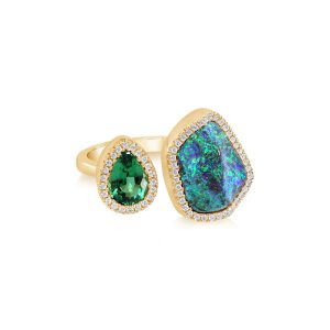 18K Yellow Gold Australian Boulder Opal/Chrome Tourmaline/Diamond Ring Cuff
