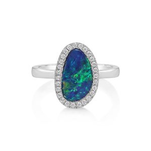 14K White Gold Australian Opal Doublet/Diamond Ring