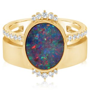14K Yellow Gold Australian Opal Doublet/Diamond Cigar Band Ring