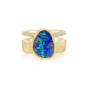 14K Yellow Gold Australian Opal Doublet/Diamond Cigar Band Ring