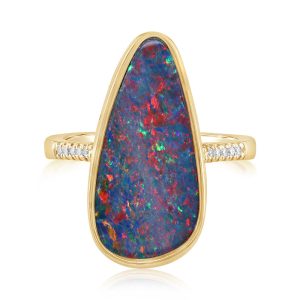 14K Yellow Gold Australian Opal Doublet/Diamond Ring