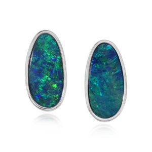 14K White Gold Australian Opal Doublet Small Plain Bezel Earrings