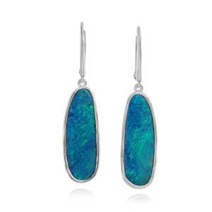 14K White Gold Australian Opal Doublet Plain Bezel Leverback Earrings