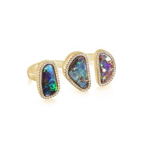 14K Yellow Gold Australian Boulder Opal/Diamond 3 Stone-2 Finger Ring