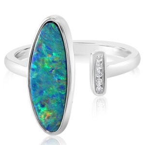 14K White Gold Australian Opal Doublet/Diamond Ring