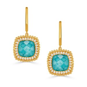 E11081AZ-18K YELLOW GOLD DIAMOND EARRING WITH CLEAR QUARTZ OVER AMAZONITE