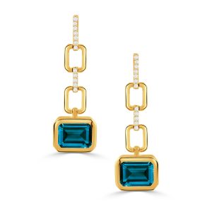E11162LBT-Y-18K YELLOW GOLD DIAMOND EARRING WITH LONDON BLUE TOPAZ