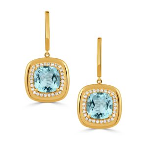 E11232BT-Y-18K YELLOW GOLD DIAMOND EARRING WITH SKY BLUE TOPAZ CENTER
