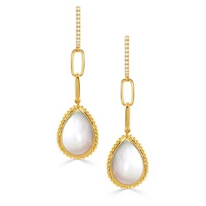 E11452WMP-18K YELLOW GOLD DIAMOND EARRING WITH CABOCHON CUT CLEAR QUARTZ OVER WHITE MOTHER OF PEARL