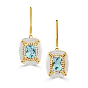 E11625WMPBT-18K YELLOW GOLD DIAMOND EARRING WITH WHITE MOTHER OF PEARL BORDERS AND SKY BLUE TOPAZ CENTER STONE