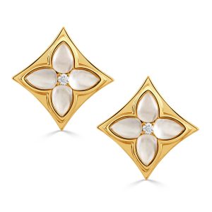 E11764WMP-18K YELLOW GOLD DIAMOND EARRING WITH CABOCHON CUT CLEAR QUARTZ OVER WHITE MOTHER OF PEARL