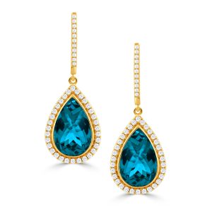 E11900LBT-Y-18K YELLOW GOLD DIAMOND EARRING WITH LONDON BLUE TOPAZ