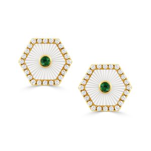E11971TSMP-A-18K YELLOW GOLD DIAMOND EARRING WITH CARVED WHITE MOTHER OF PEARL AND TSAVORITE CENTER STONE