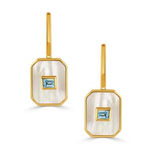 E8824WMPBT-18K YELLOW GOLD DIAMOND EARRING WITH SKY BLUE TOPAZ CENTER AND WHITE MOTHER OF PEARL