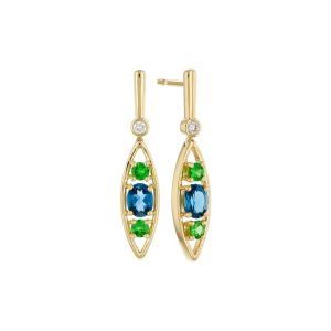 14KT Gold Blue Topaz & Green Garnet Earrings