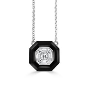 N9176BO-1-18K WHITE GOLD INVISIBLE SET DIAMOND NECKLACE WITH BLACK ONYX
