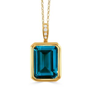 P10727LBT-Y-18K YELLOW GOLD DIAMOND PENDANT WITH LONDON BLUE TOPAZ CENTER ON A DIAMOND BAIL