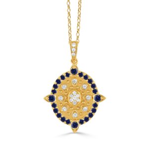 P10935SP-18K YELLOW GOLD DIAMOND AND BLUE SAPPHIRE PENDANT