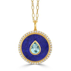 P10951LPBT-18K YELLOW GOLD DIAMOND PENDANT WITH SKY BLUE TOPAZ CENTER AND LAPIS