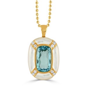 P10972WMPBT-18K YELLOW GOLD DIAMOND PENDANT WITH WHITE MOTHER OF PEARL BORDERS AND LIGHT BLUE TOPAZ CENTER STONE