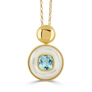 P10988WMPBT-18K YELLOW GOLD PENDANT WITH SKY BLUE TOPAZ AND WHITE MOTHER OF PEARL
