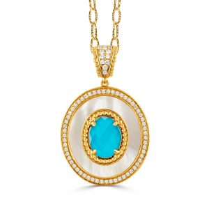 P11103WMPTQ-18K YELLOW GOLD DIAMOND PENDANT WITH WHITE MOTHER OF PEARL AND CHECKER CUT CLEAR QUARTZ OVER TURQUOISE