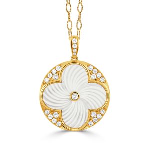 P11142WMP-B-18K YELLOW GOLD DIAMOND CLOVER PENDANT WITH CARVED WHITE MOTHER OF PEARL