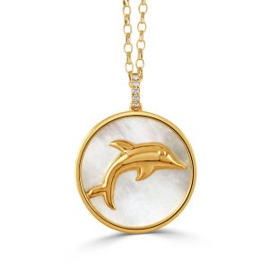 P11156WMP-18K YELLOW GOLD DIAMOND DOLPHIN MEDALLION PENDANT WITH WHITE MOTHER OF PEARL