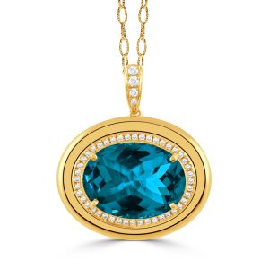 P11235LBT-Y-18K YELLOW GOLD DIAMOND PENDANT WITH LONDON BLUE TOPAZ CENTER STONE
