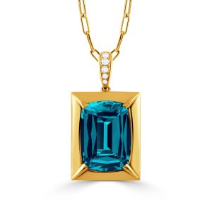 P11571LBT-Y-18K YELLOW GOLD DIAMOND PENDANT WITH LONDON BLUE TOPAZ CENTER