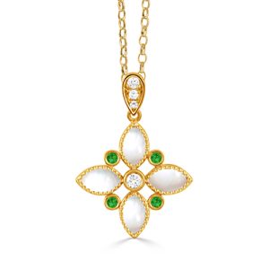 P11668TSMP-18K YELLOW GOLD DIAMOND PENDANT WITH TSAVORITE AND CABOCHON CUT CLEAR QUARTZ OVER WHITE MOTHER OF PEARL