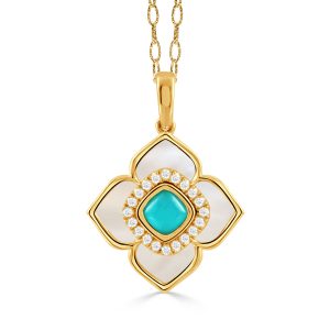 P11915WMPTQ-18K YELLOW GOLD DIAMOND PENDANT WITH CABOCHON CUT CLEAR QUARTZ OVER TURQUOISE CENTER AND WHITE MOTHER OF PEARL