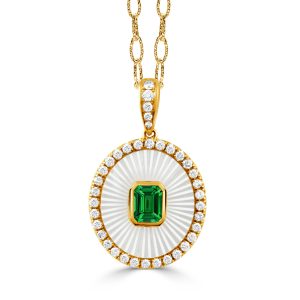 P11925TSMP-A-18K YELLOW GOLD DIAMOND PENDANT WITH CARVED WHITE MOTHER OF PEARL AND TSAVORITE CENTER STONE